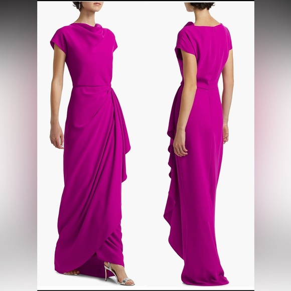 NEW Amsale Draped Short-Sleeve Column Gown bright pink Sz 4 - Picture 2 of 6